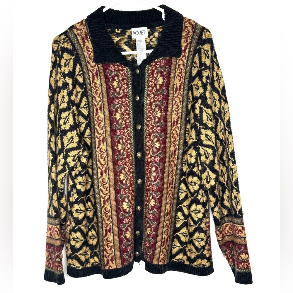 Koret Women Sweater Cardigan L 90s Folk Floral Tapestry Dark Cottage Grandmacore